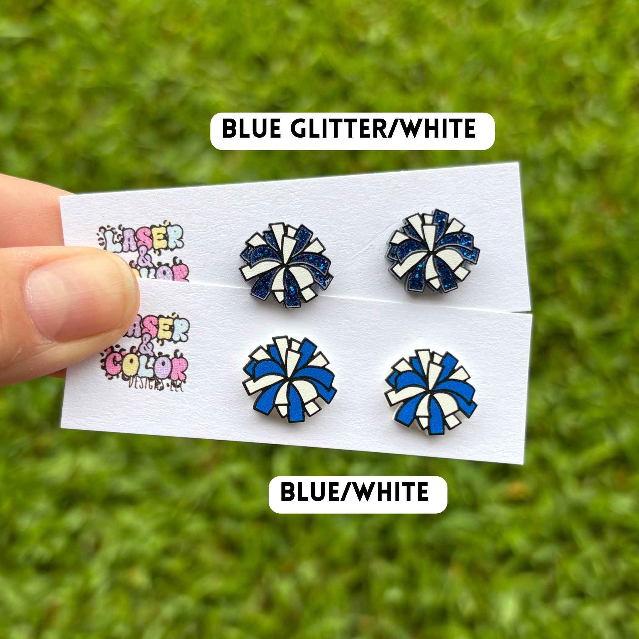 Cheerleader Earrings, Pom Pom Earrings: Blue glitter/white